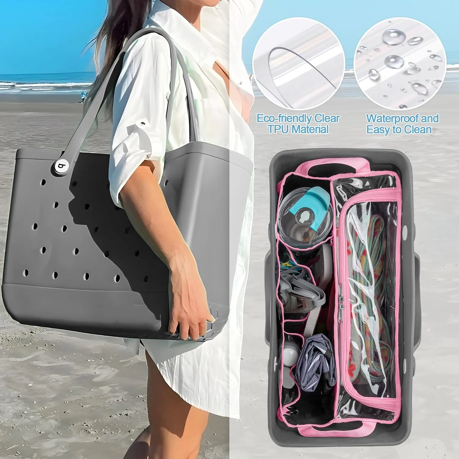 Clear Beach Bag Organizer Insert Compatible with BOGG BAG Original X Large, Zipper Organizer Liner Compatible with BOGG BAG Original X Large, Insert Divider Pouch with 2 Compartments, Pink
