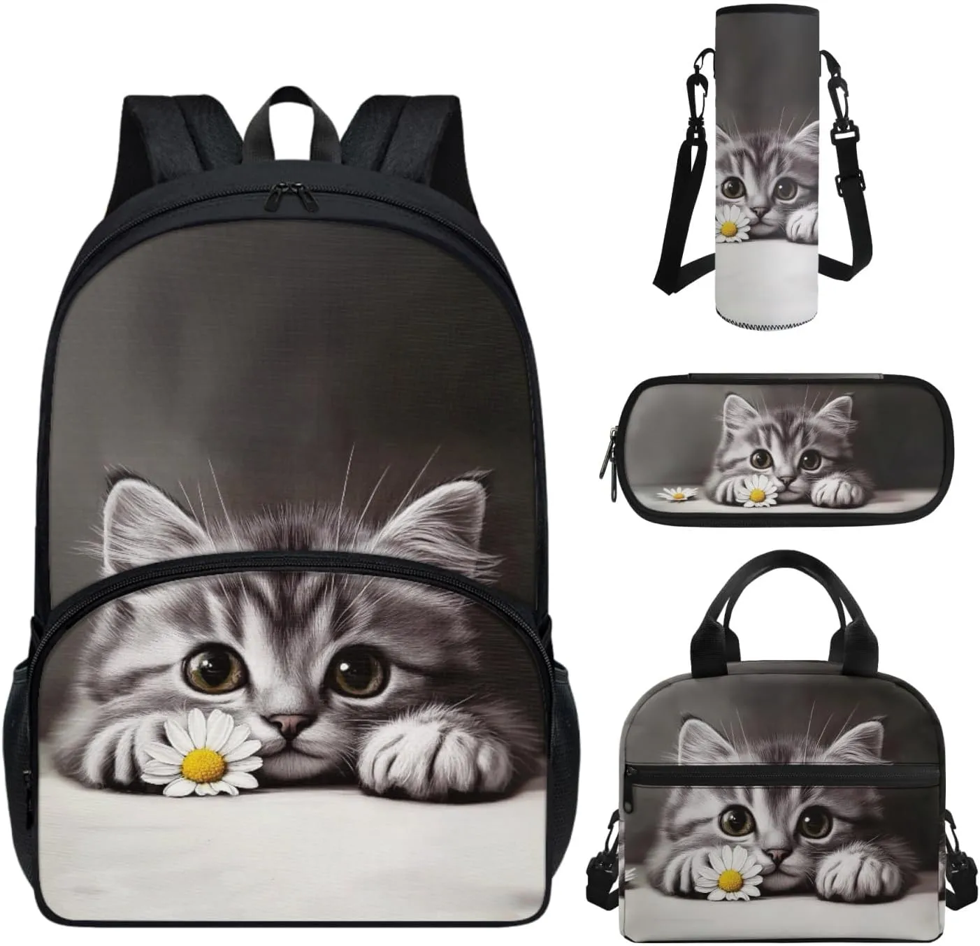 CLOHOMIN Cute Cat School Backpack and Lunch Bag for 3rd Grade Daisy Kids Girls Schoolbag and Lunch Box Set of 4 Pencil Case Water Bottle Carrier with Strap High School Bookbag Age 6-8