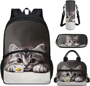 CLOHOMIN Cute Cat School Backpack and Lunch Bag for 3rd Grade Daisy Kids Girls Schoolbag and Lunch Box Set of 4 Pencil Case Water Bottle Carrier with Strap High School Bookbag Age 6-8
