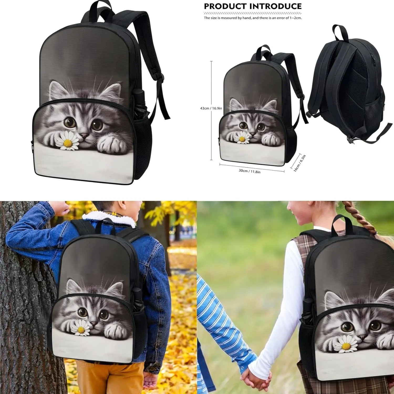 CLOHOMIN Cute Cat School Backpack and Lunch Bag for 3rd Grade Daisy Kids Girls Schoolbag and Lunch Box Set of 4 Pencil Case Water Bottle Carrier with Strap High School Bookbag Age 6-8