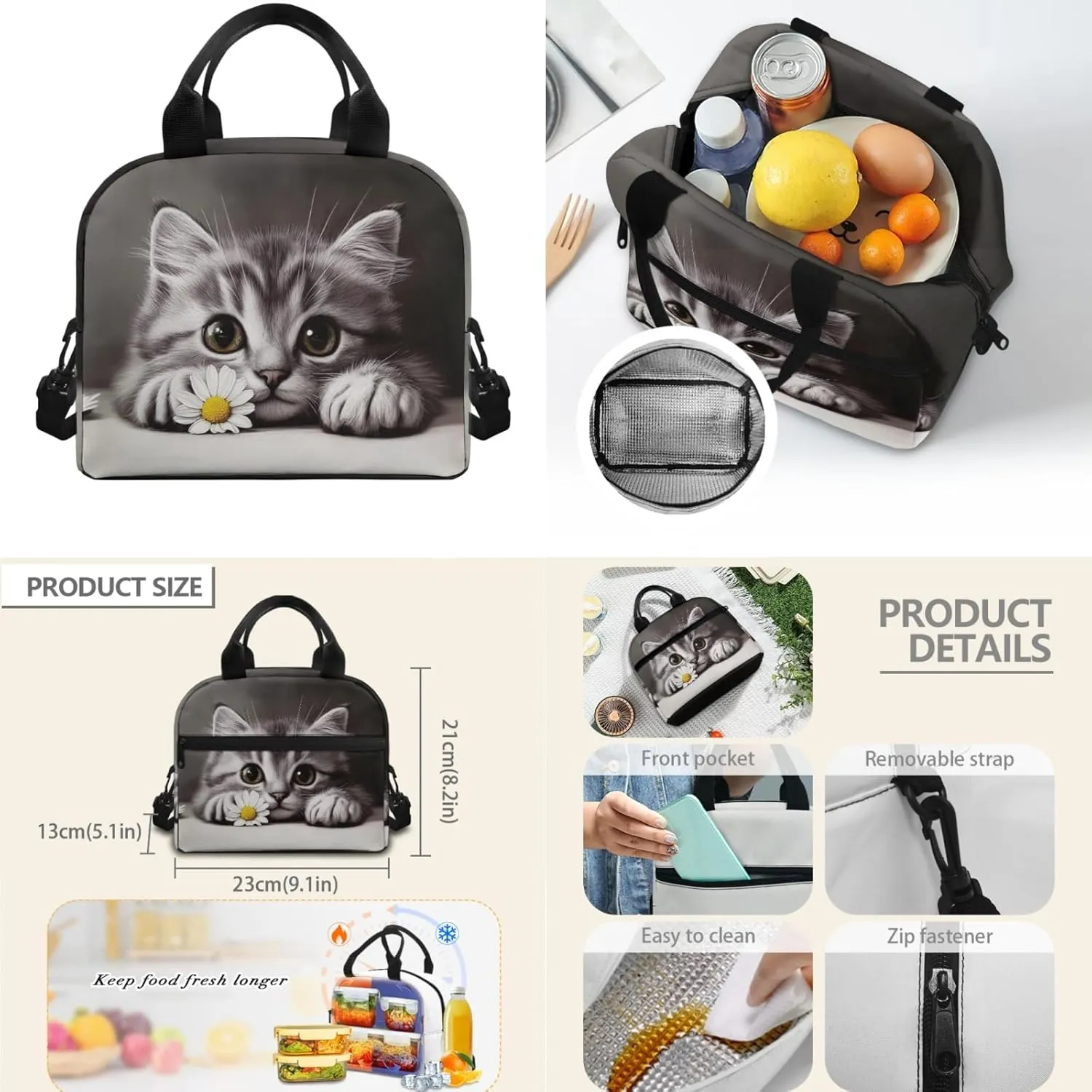 CLOHOMIN Cute Cat School Backpack and Lunch Bag for 3rd Grade Daisy Kids Girls Schoolbag and Lunch Box Set of 4 Pencil Case Water Bottle Carrier with Strap High School Bookbag Age 6-8