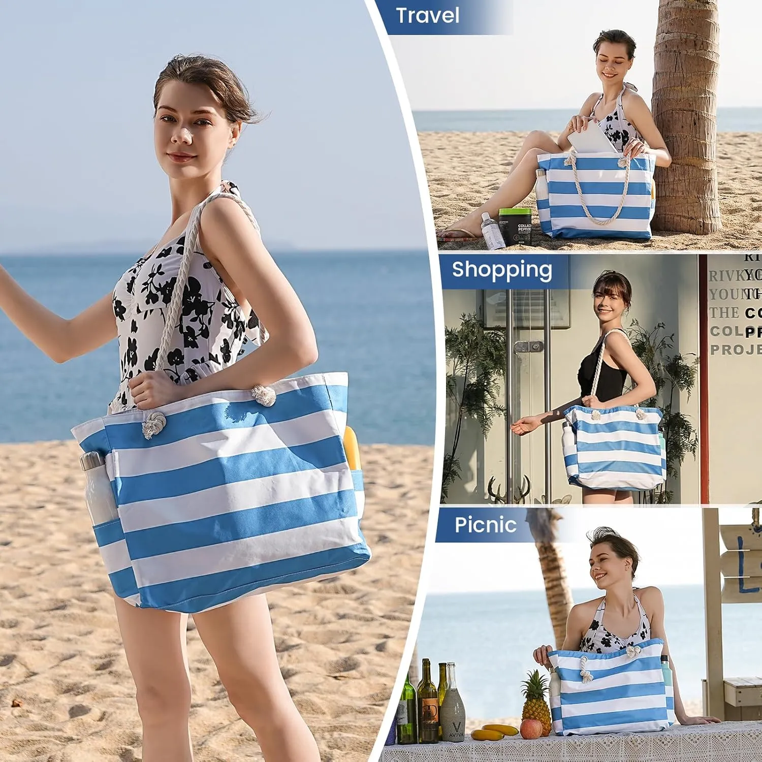 Clothirily Beach Bag for Women - Large Beach Tote Bag, Waterproof Sandproof Beach Bag with Zipper, Large Swim Pool Beach Tote