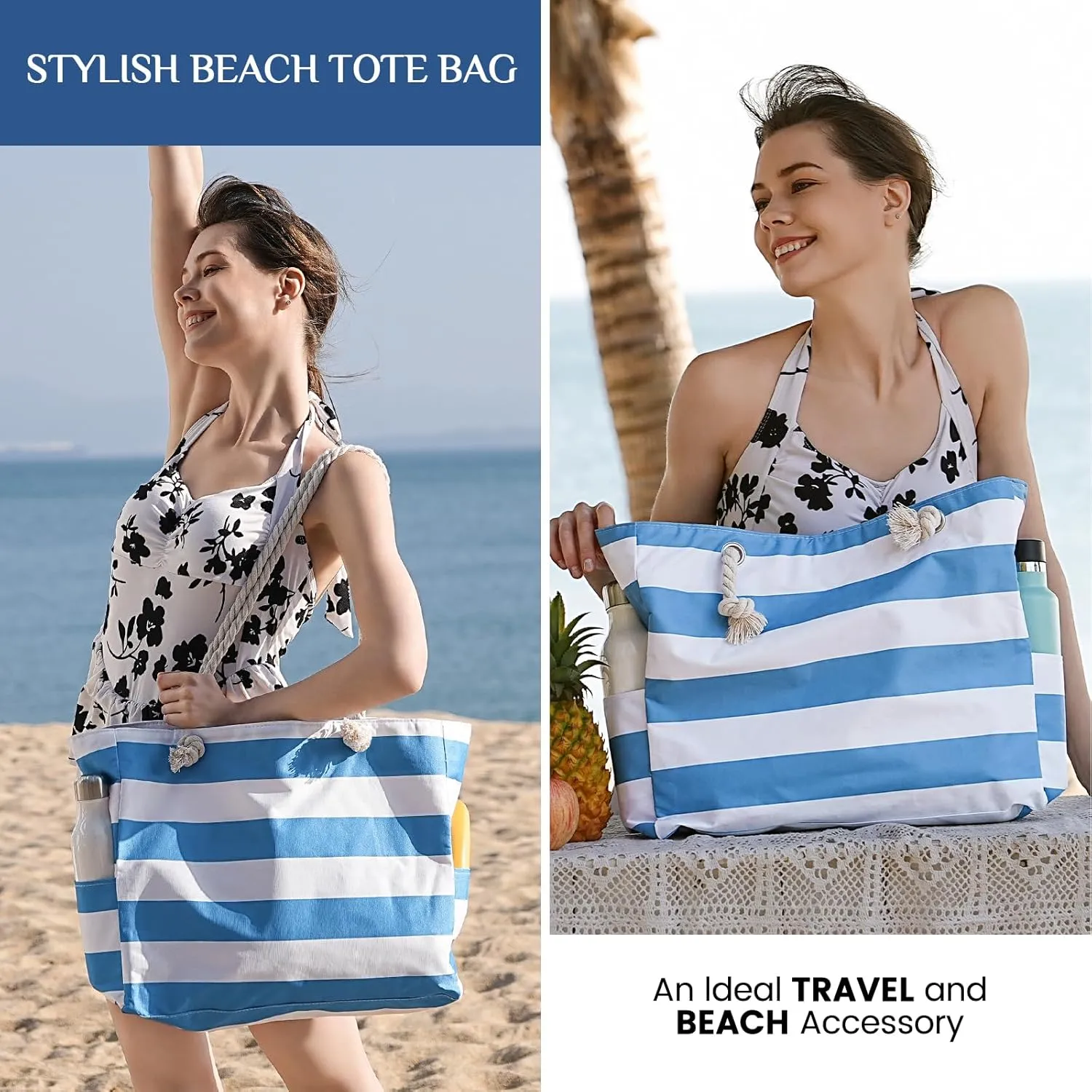 Clothirily Beach Bag for Women - Large Beach Tote Bag, Waterproof Sandproof Beach Bag with Zipper, Large Swim Pool Beach Tote