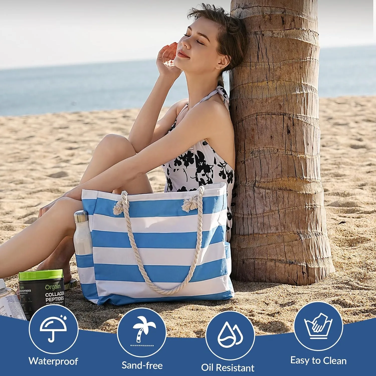 Clothirily Beach Bag for Women - Large Beach Tote Bag, Waterproof Sandproof Beach Bag with Zipper, Large Swim Pool Beach Tote