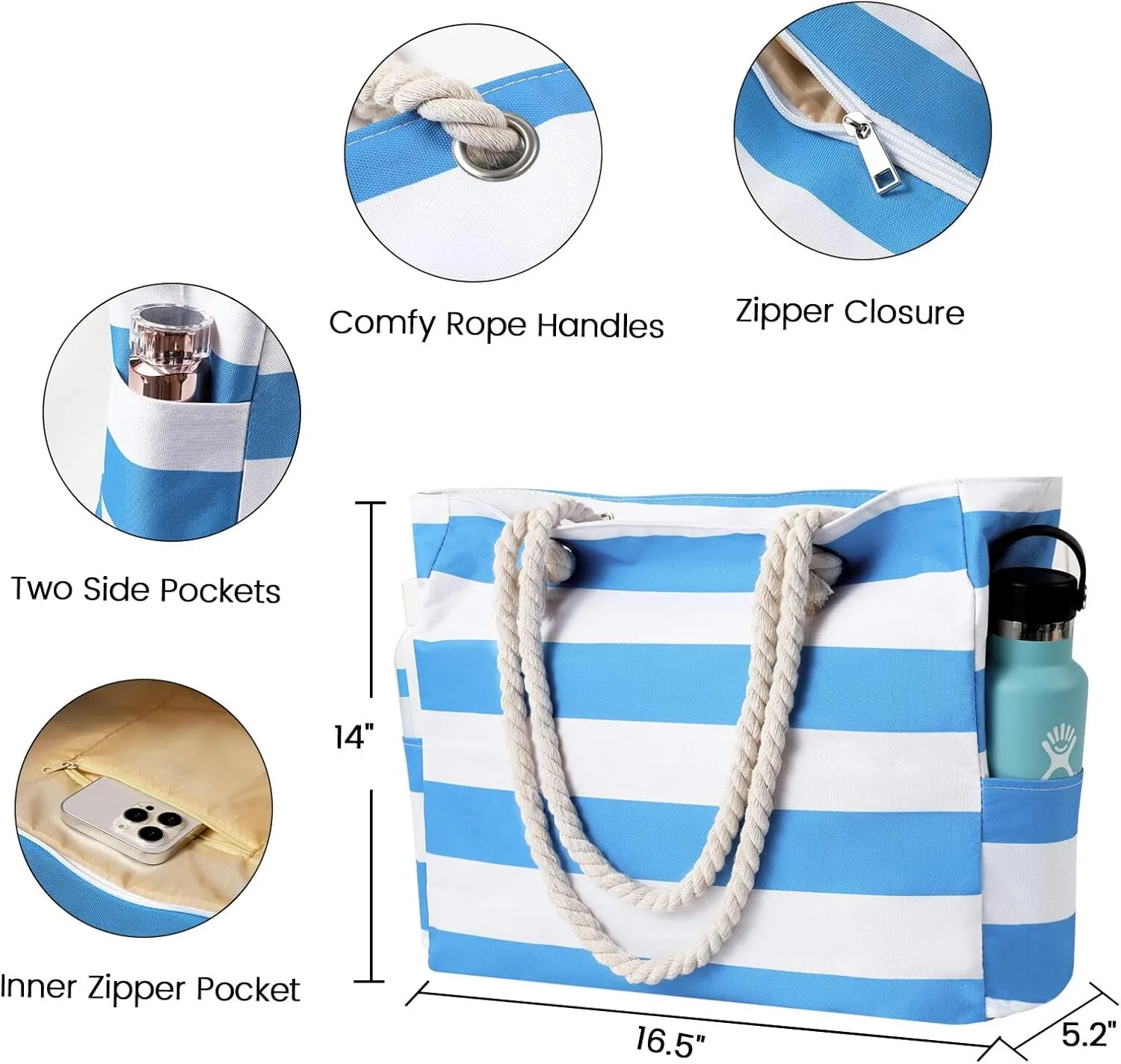 Clothirily Beach Bag for Women - Large Beach Tote Bag, Waterproof Sandproof Beach Bag with Zipper, Large Swim Pool Beach Tote