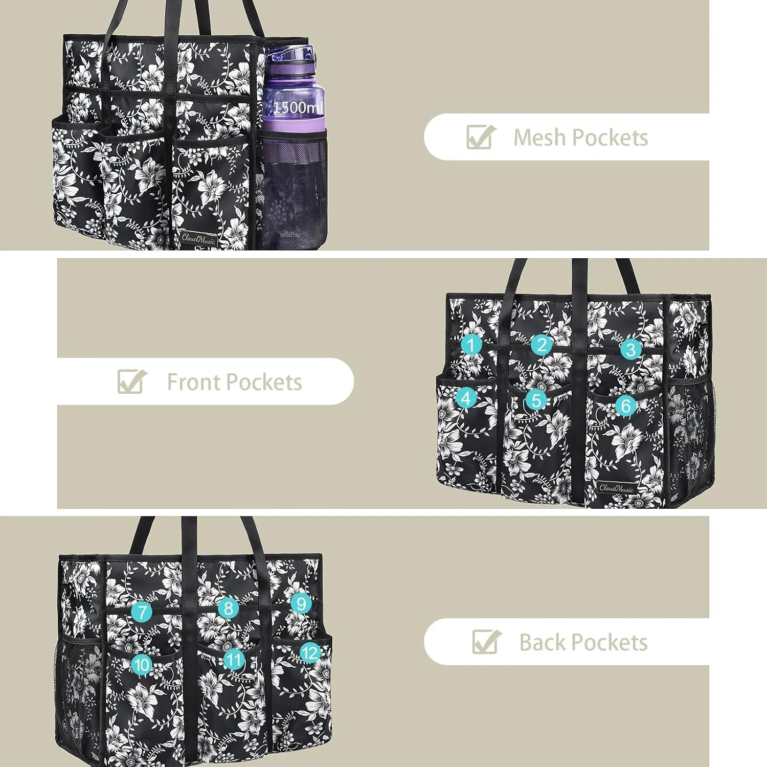 CLOUDMUSIC Large Tote Bag For Women Travel Nurse Teacher Work Waterpoof With Zipper Utility Everything Bags