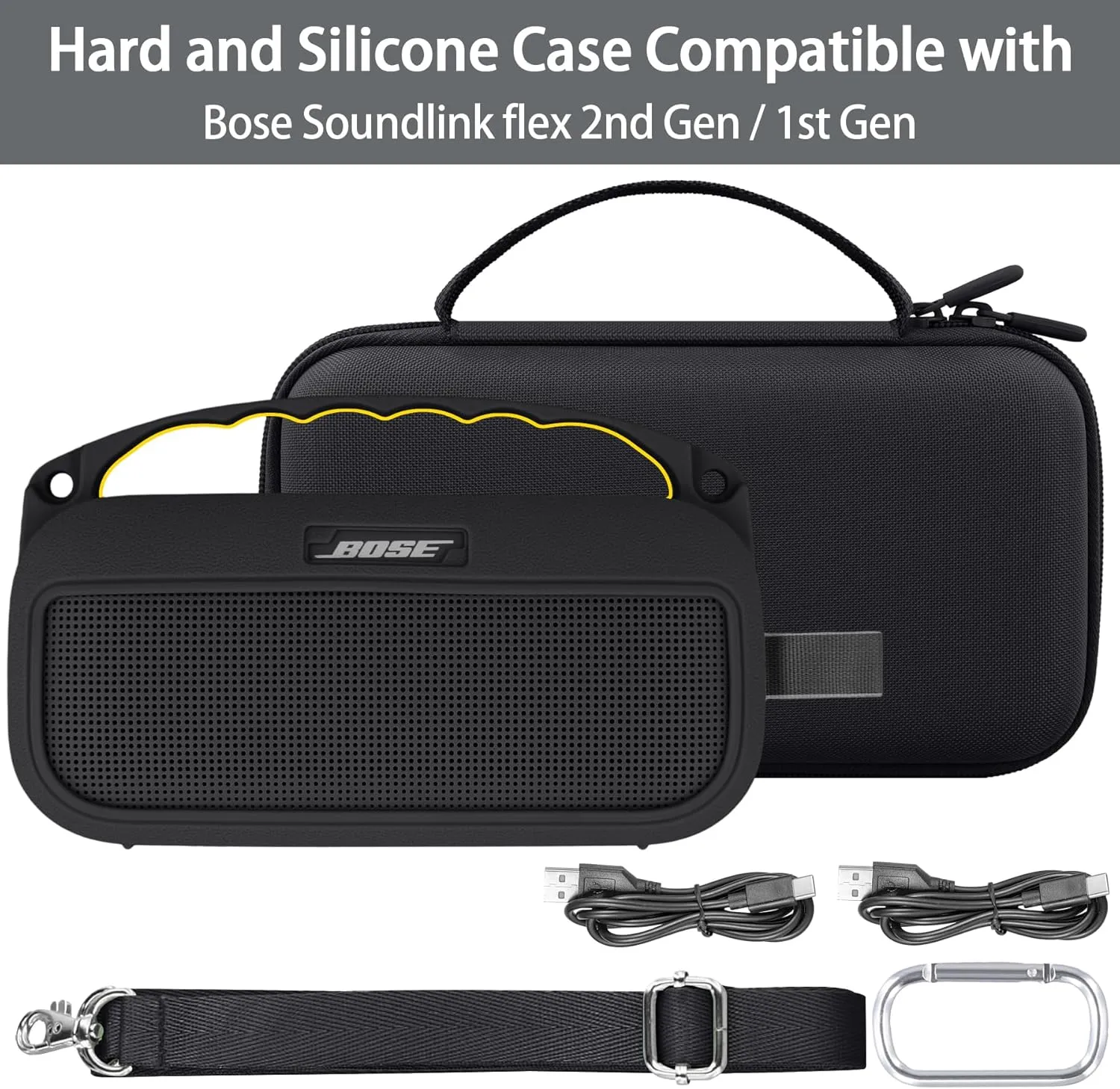 co2CREA Hard Case and Silicone Case Replacement for Bose New SoundLink Flex 2nd Gen/Bose SoundLink Flex Bluetooth Portable Speaker, Protective Case with Carabiner and Shoulder Strap (Black Case)