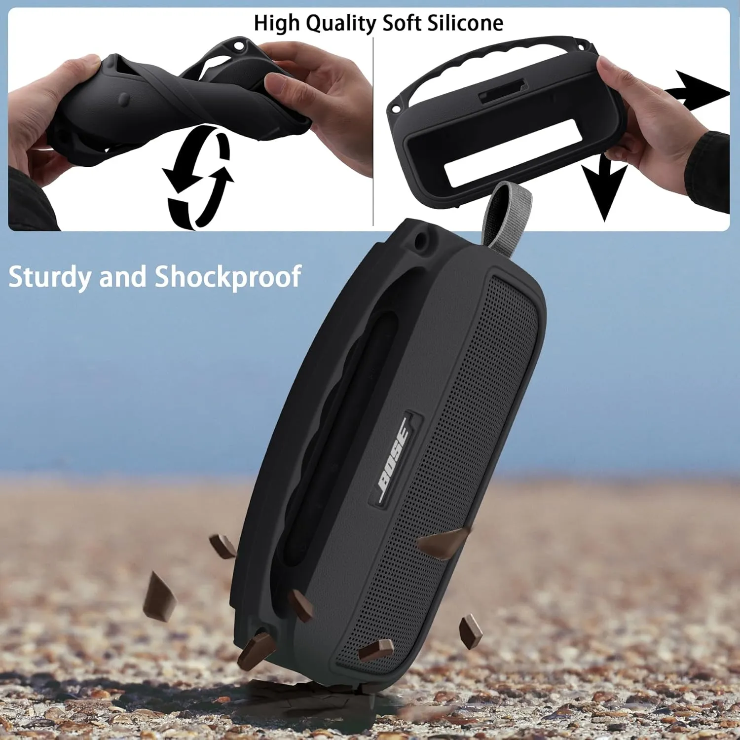 co2CREA Hard Case and Silicone Case Replacement for Bose New SoundLink Flex 2nd Gen/Bose SoundLink Flex Bluetooth Portable Speaker, Protective Case with Carabiner and Shoulder Strap (Black Case)