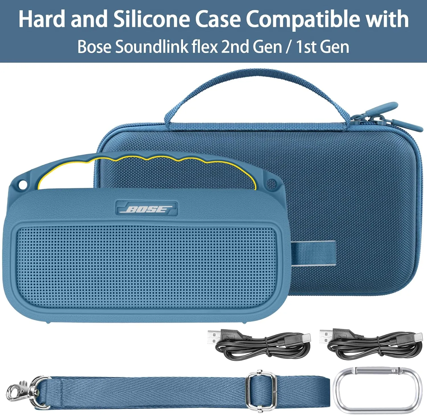 co2CREA Hard Case and Silicone Case Replacement for Bose New SoundLink Flex 2nd Gen/Bose SoundLink Flex Bluetooth Portable Speaker, Protective Case with Carabiner and Shoulder Strap (Blue Dusk Case)
