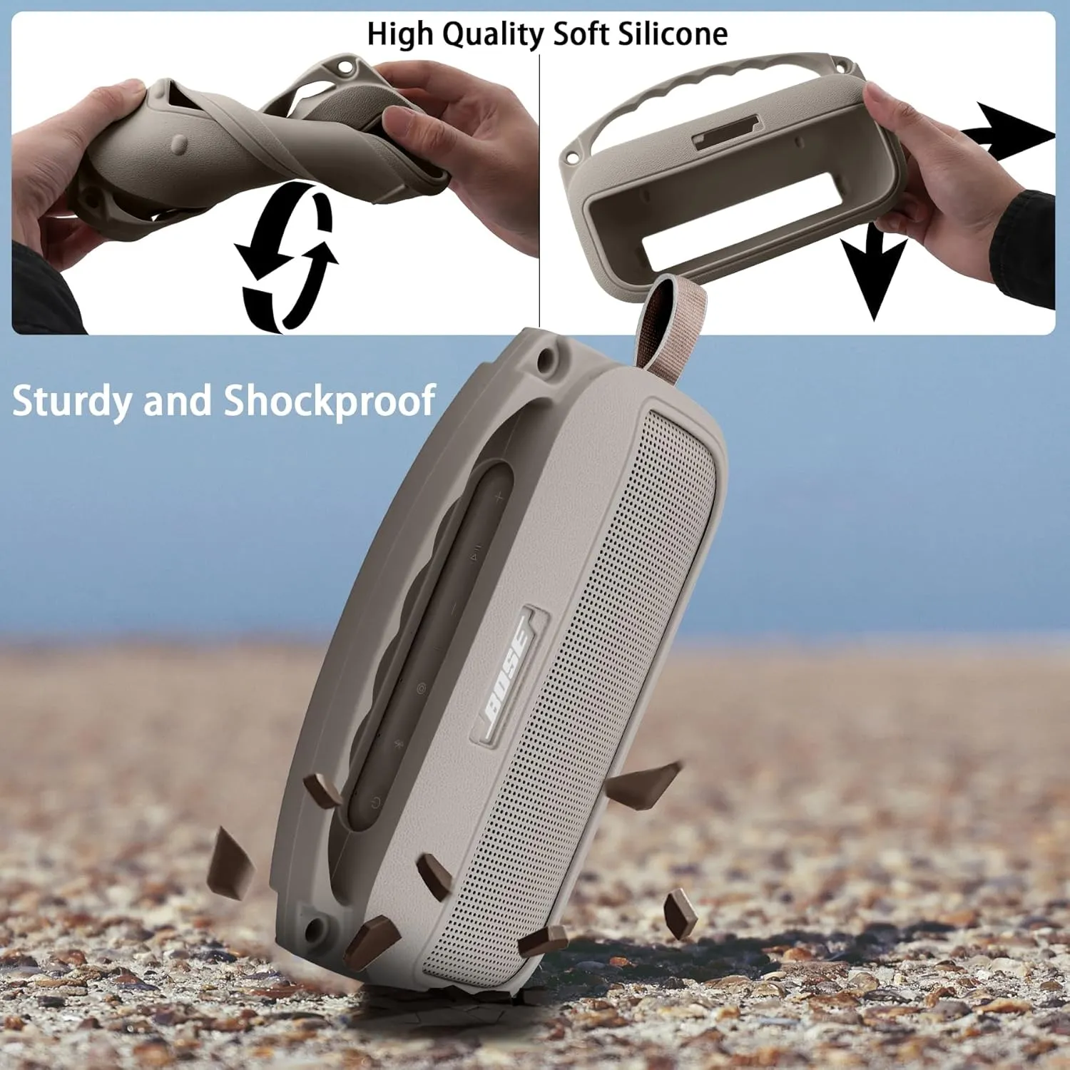 co2CREA Hard Case and Silicone Case Replacement for Bose New SoundLink Flex 2nd Gen/Bose SoundLink Flex Bluetooth Portable Speaker, Protective Case with Carabiner and Shoulder Strap (Sandstone Case)