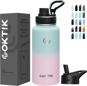 COKTIK 32 oz Sports Water Bottle With Straw,2 Lids, Stainless Steel Vacuum Insulated Water Bottles,Leakproof Lightweight, Keeps Cold and Hot, Great for Travel, Hiking, Biking, Running (Bubble Gum)