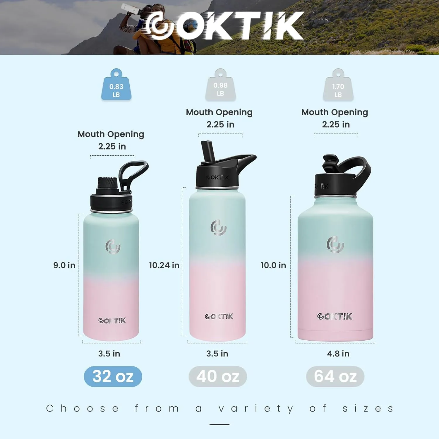COKTIK 32 oz Sports Water Bottle With Straw,2 Lids, Stainless Steel Vacuum Insulated Water Bottles,Leakproof Lightweight, Keeps Cold and Hot, Great for Travel, Hiking, Biking, Running (Bubble Gum)