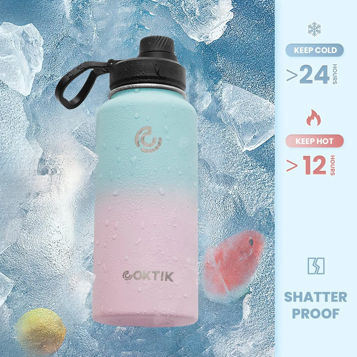 COKTIK 32 oz Sports Water Bottle With Straw,2 Lids, Stainless Steel Vacuum Insulated Water Bottles,Leakproof Lightweight, Keeps Cold and Hot, Great for Travel, Hiking, Biking, Running (Bubble Gum)