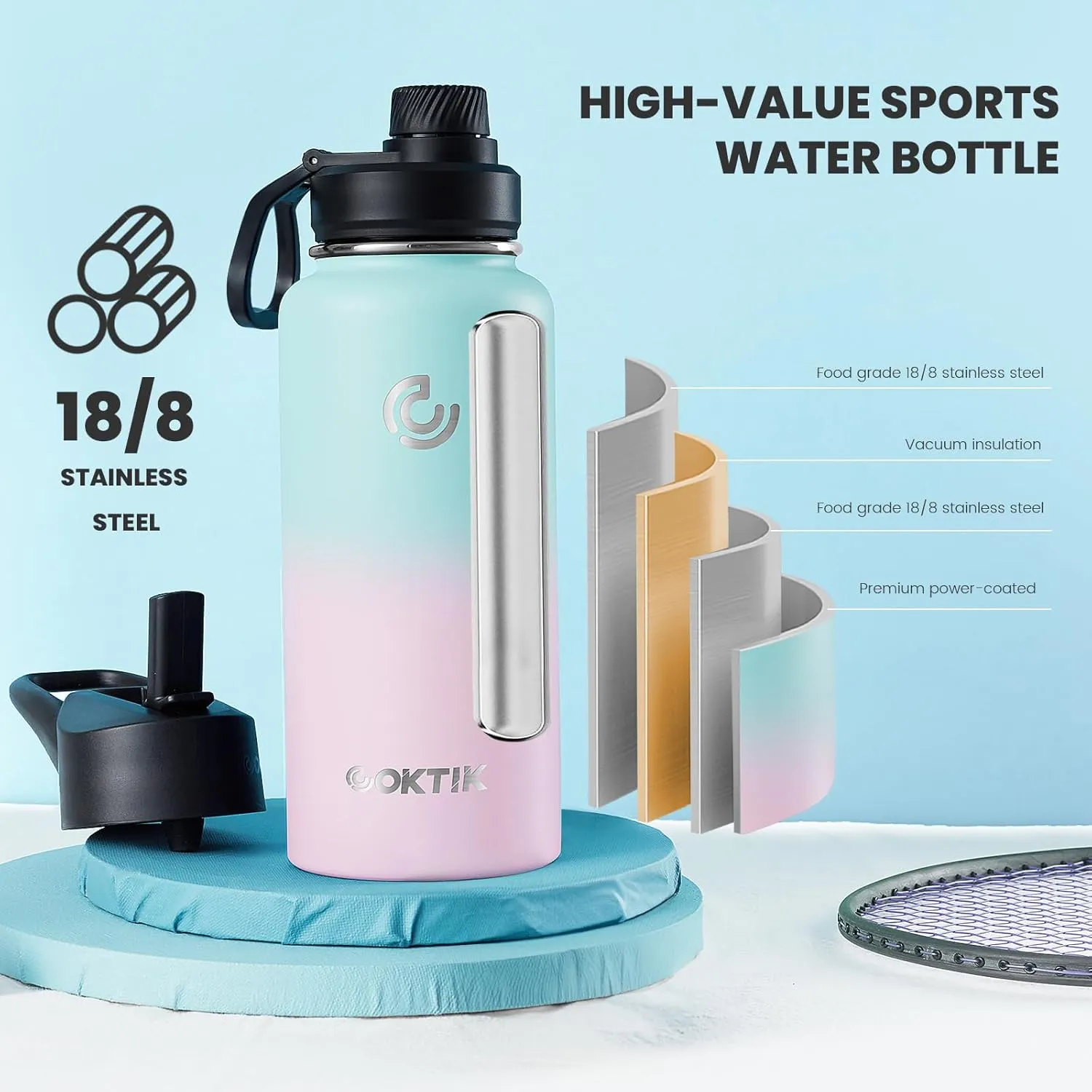 COKTIK 32 oz Sports Water Bottle With Straw,2 Lids, Stainless Steel Vacuum Insulated Water Bottles,Leakproof Lightweight, Keeps Cold and Hot, Great for Travel, Hiking, Biking, Running (Bubble Gum)