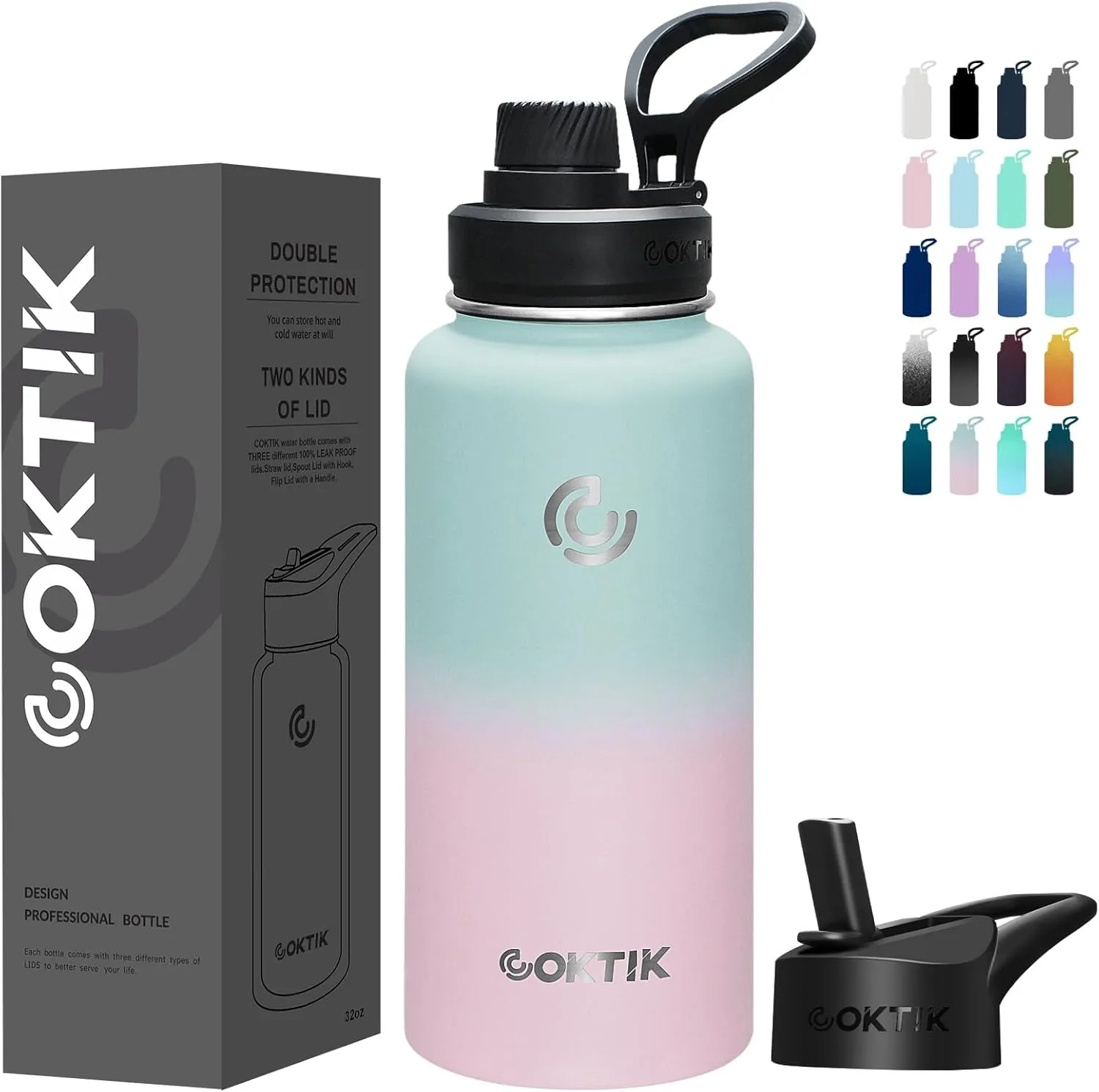 COKTIK 32 oz Sports Water Bottle With Straw,2 Lids, Stainless Steel Vacuum Insulated Water Bottles,Leakproof Lightweight, Keeps Cold and Hot, Great for Travel, Hiking, Biking, Running (Bubble Gum)