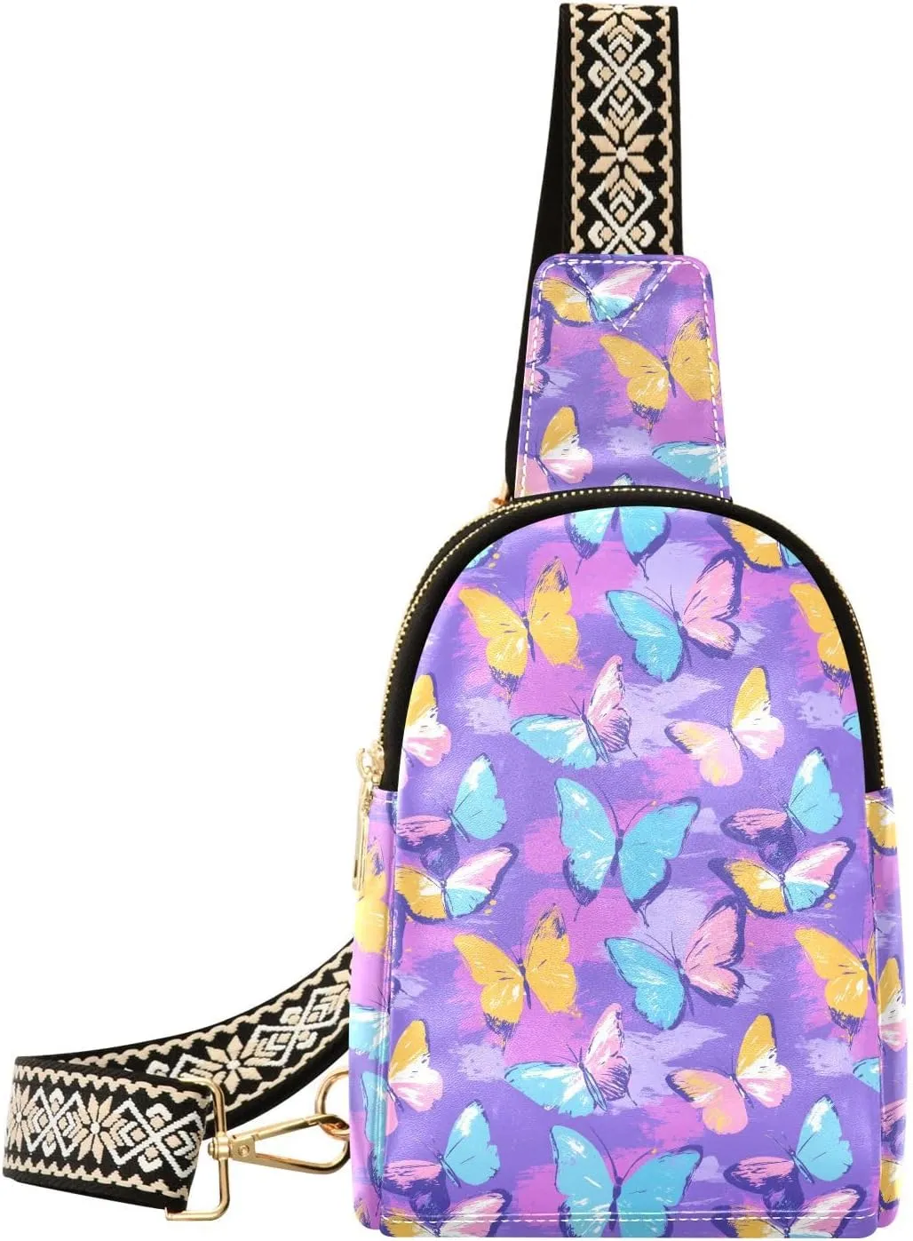 Color Butterfly Mini Crossbody Bag with Full-Print PU Leather Fashion Waist Pack with Adjustable Strap & Card Holder Great for Hiking Fishing Beach Travel & More