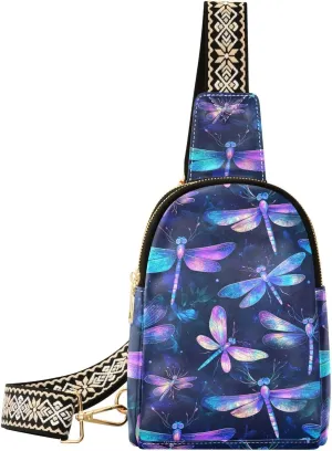Color Dragonfly Compact Fashion Daypack Full-Print PU Leather Crossbody Bag with Card Pocket & Adjustable Strap for Women on the Go Festivals Travel & Hikes