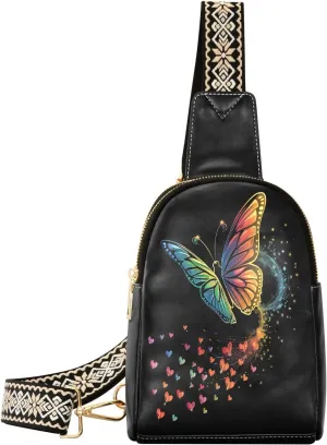 Colorful Butterfly Full-Print Leather Fashion Waist Pack Small Crossbody Bag with Card Slots & Adjustable Strap for Biking Shopping Hiking Running & Casual Outings