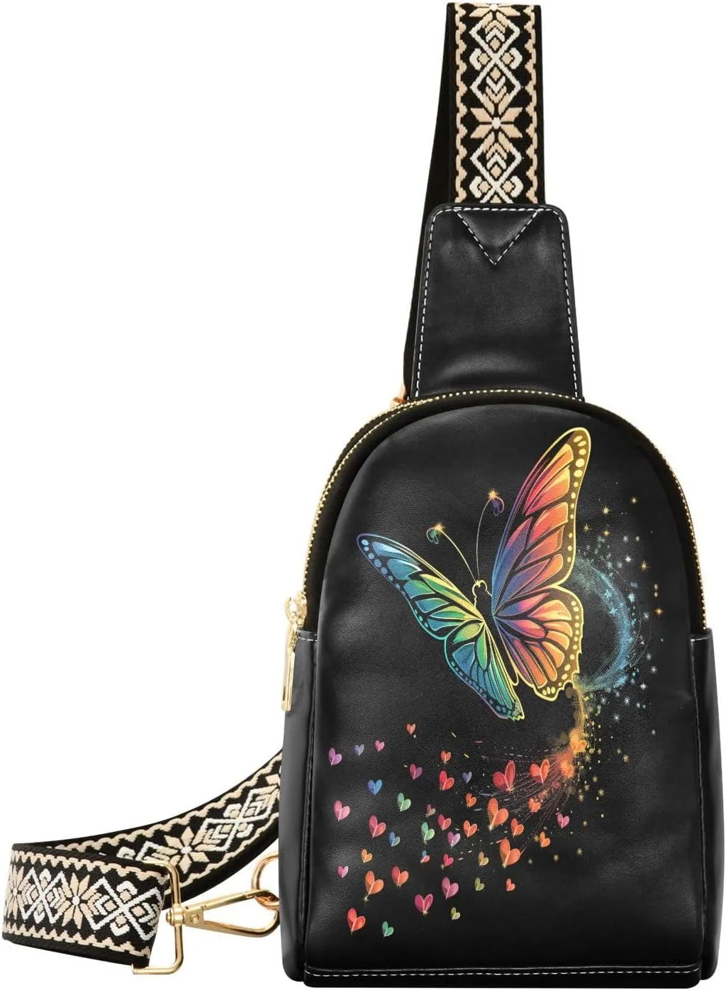 Colorful Butterfly Full-Print Leather Fashion Waist Pack Small Crossbody Bag with Card Slots & Adjustable Strap for Biking Shopping Hiking Running & Casual Outings