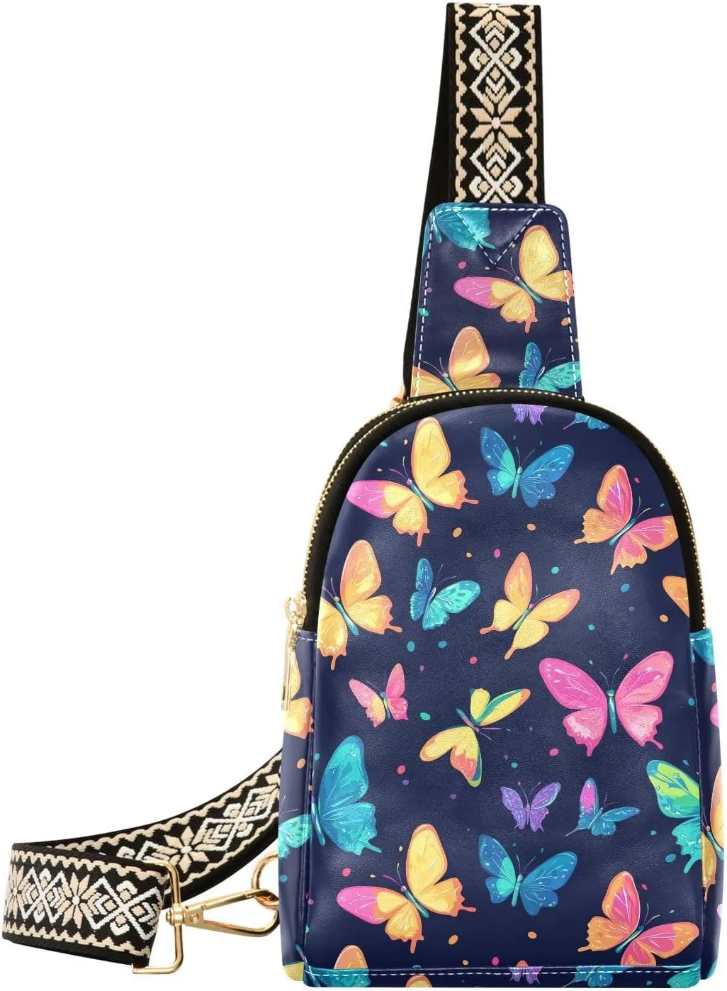 Colorful Butterfly Stylish PU Leather Waist Pack Soft Waterproof Crossbody Bag with Metal Hardware Fits Keys Phone Passport for Work Walks Music Fests & Trips