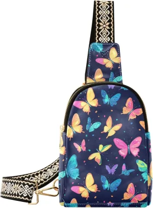 Colorful Butterfly Stylish PU Leather Waist Pack Soft Waterproof Crossbody Bag with Metal Hardware Fits Keys Phone Passport for Work Walks Music Fests & Trips