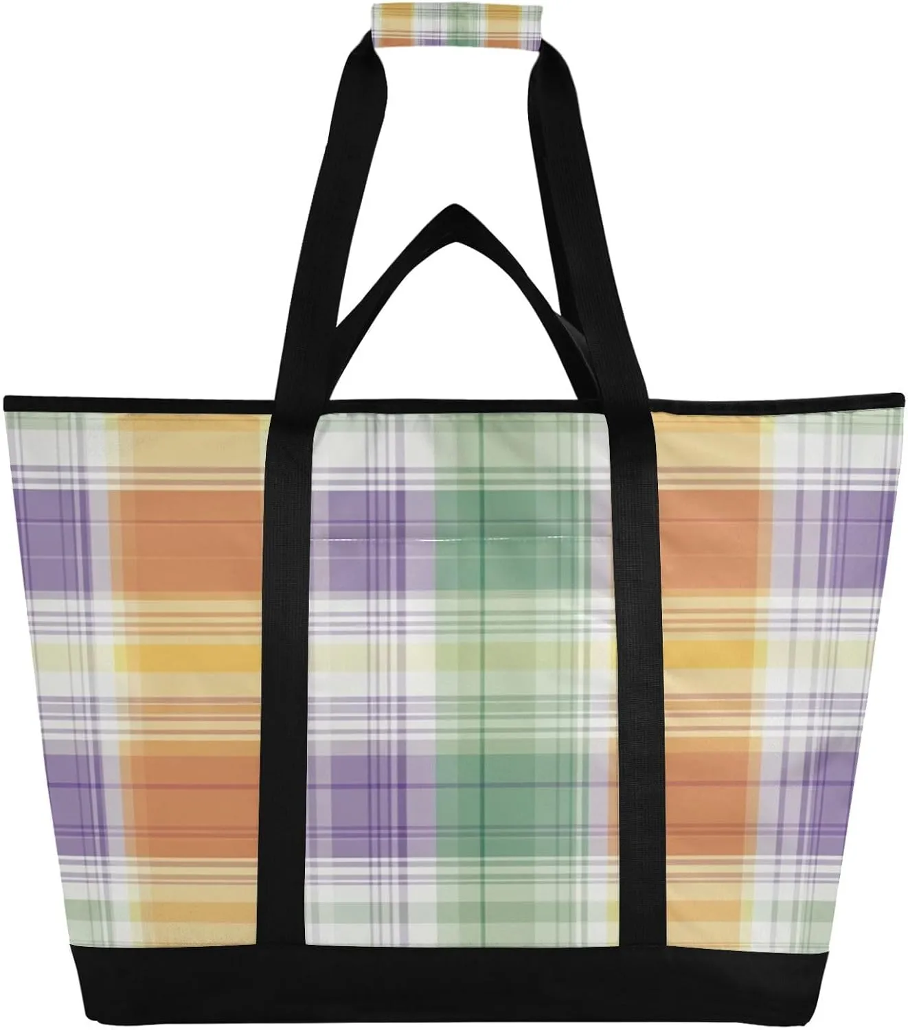 Colorful Plaid Reusable Insulated Lunchbox Cooler Bag, Leakproof Kitchen Grocery Bag Collapsible Portable Cooler Tote Bag for Picnic, Camping, Office, Travel
