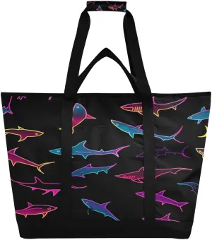 Colourful Sharks Reusable Insulated Lunchbox Cooler Bag, Leakproof Kitchen Grocery Bag Collapsible Portable Cooler Tote Bag for Picnic, Camping, Office, Travel