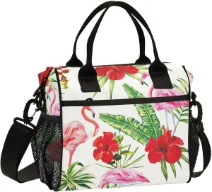 Composition-flamingo-flowers Insulated Lunch Bag for Women Men Reusable Lunch Tote Bag Cooler Bag Leakproof Lunch Box with Adjustable Shoulder Strap for Work Picnic Camping,S