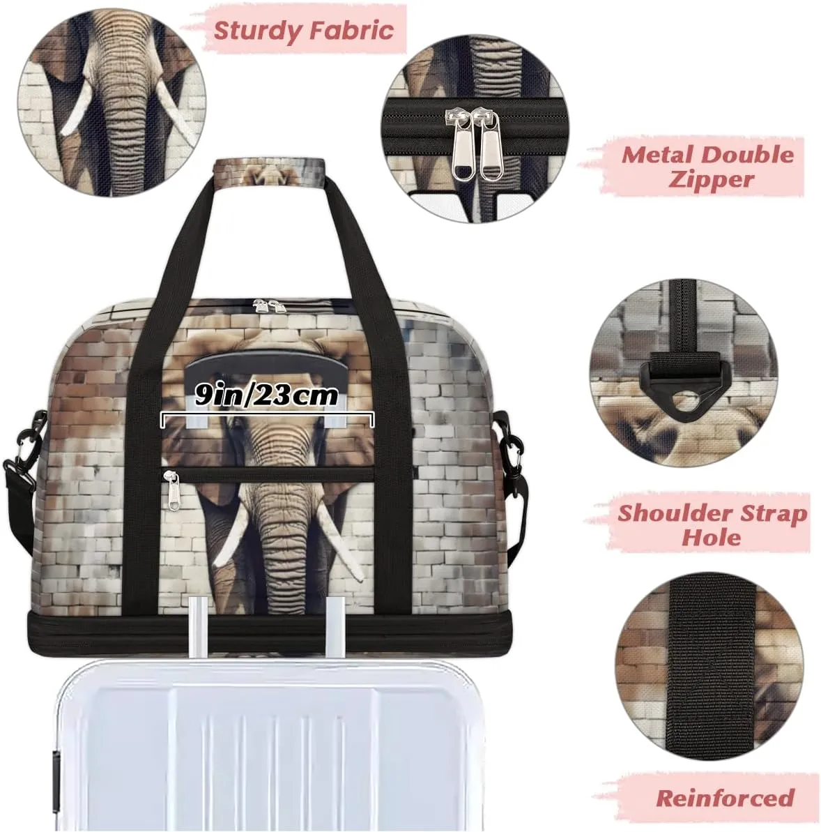 Cool Gray Elephant Custom Foldable Duffle Bag with Shoes Compartment Personalized Large Capacity Waterproof Travel Weekender Bag Overnight Bag for Sports Gym
