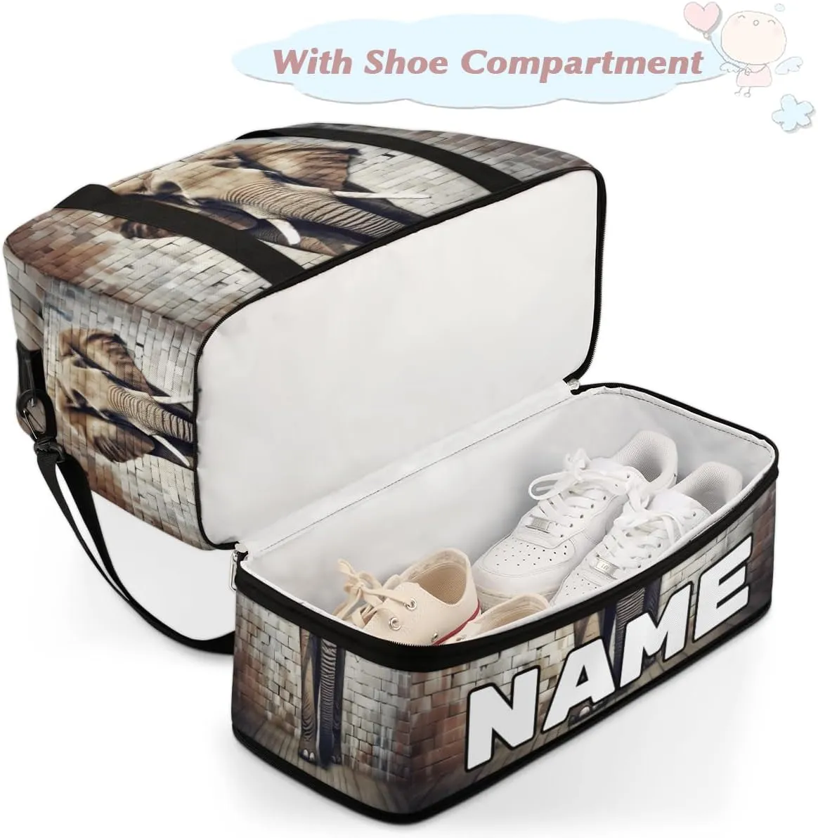 Cool Gray Elephant Custom Foldable Duffle Bag with Shoes Compartment Personalized Large Capacity Waterproof Travel Weekender Bag Overnight Bag for Sports Gym