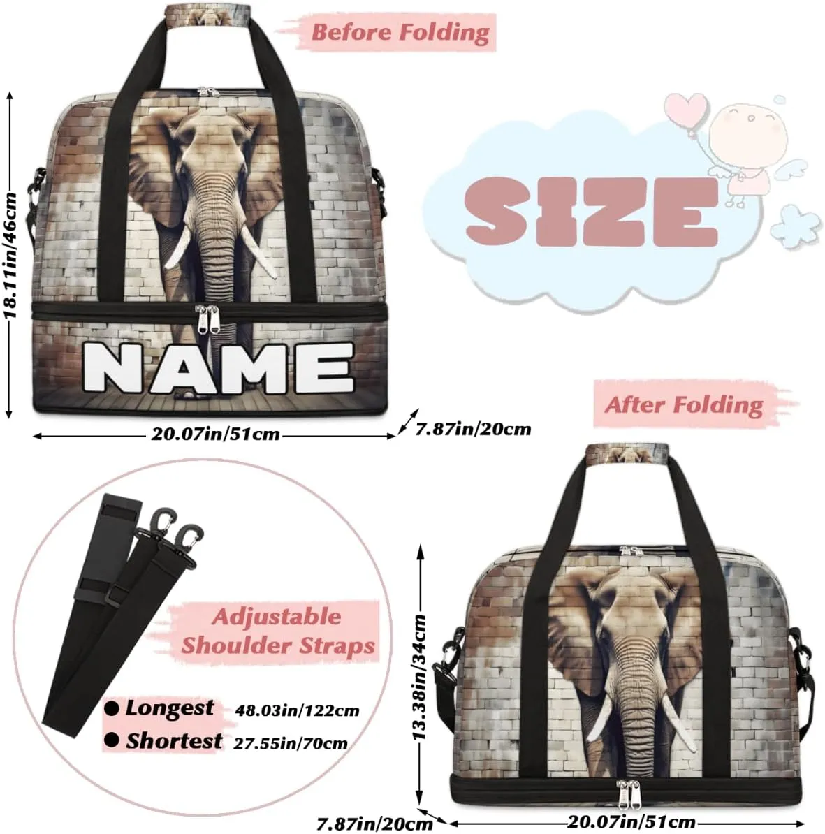 Cool Gray Elephant Custom Foldable Duffle Bag with Shoes Compartment Personalized Large Capacity Waterproof Travel Weekender Bag Overnight Bag for Sports Gym