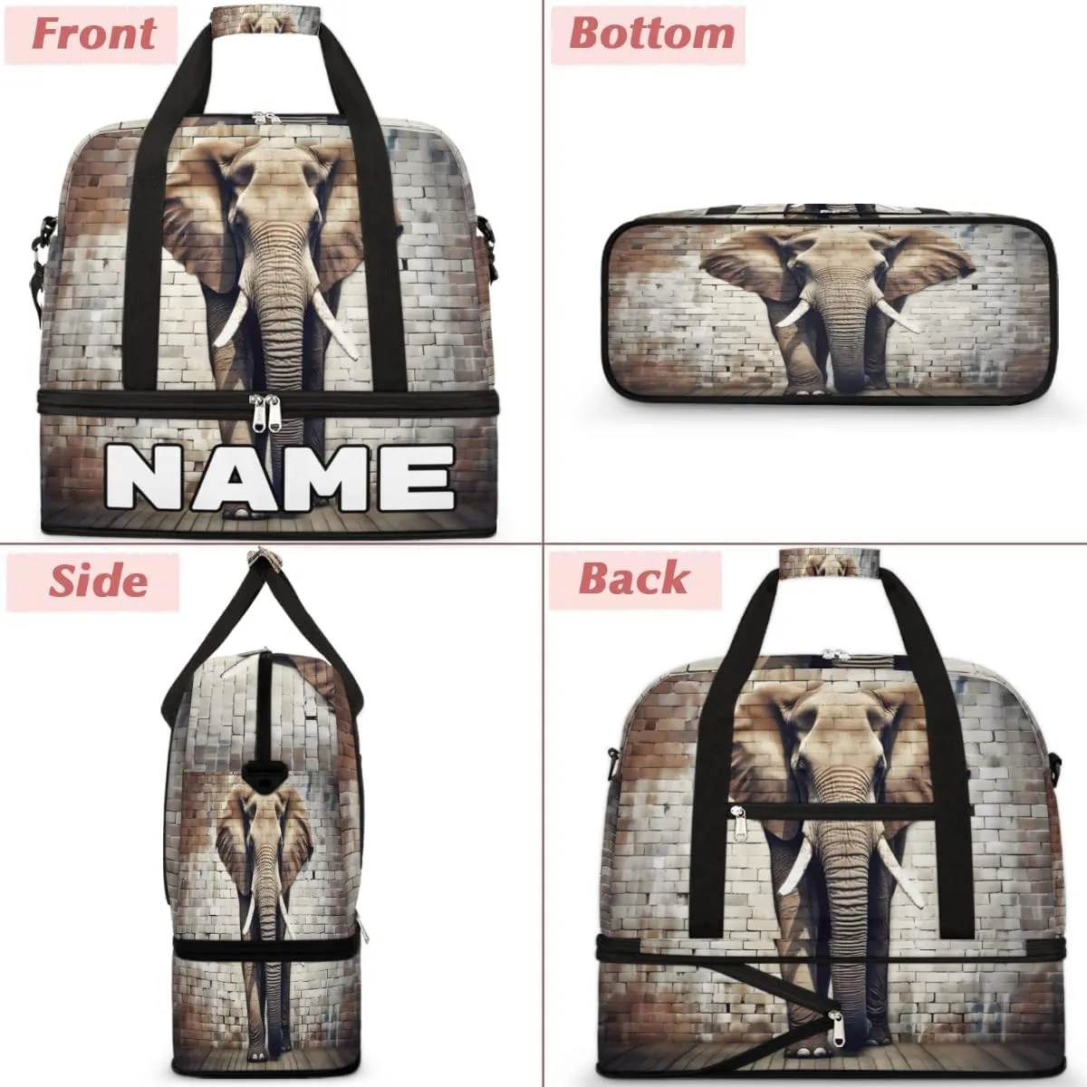 Cool Gray Elephant Custom Foldable Duffle Bag with Shoes Compartment Personalized Large Capacity Waterproof Travel Weekender Bag Overnight Bag for Sports Gym