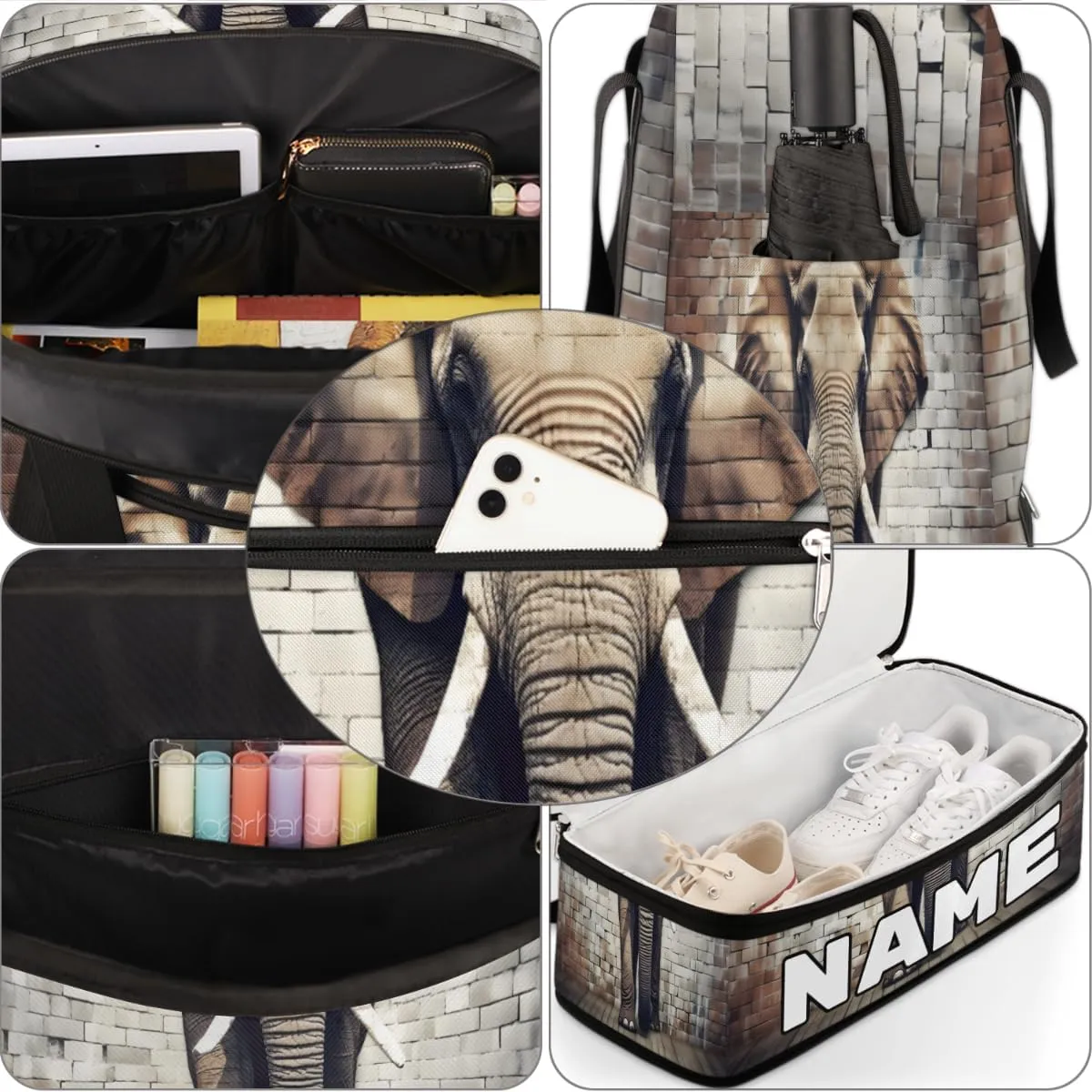 Cool Gray Elephant Custom Foldable Duffle Bag with Shoes Compartment Personalized Large Capacity Waterproof Travel Weekender Bag Overnight Bag for Sports Gym