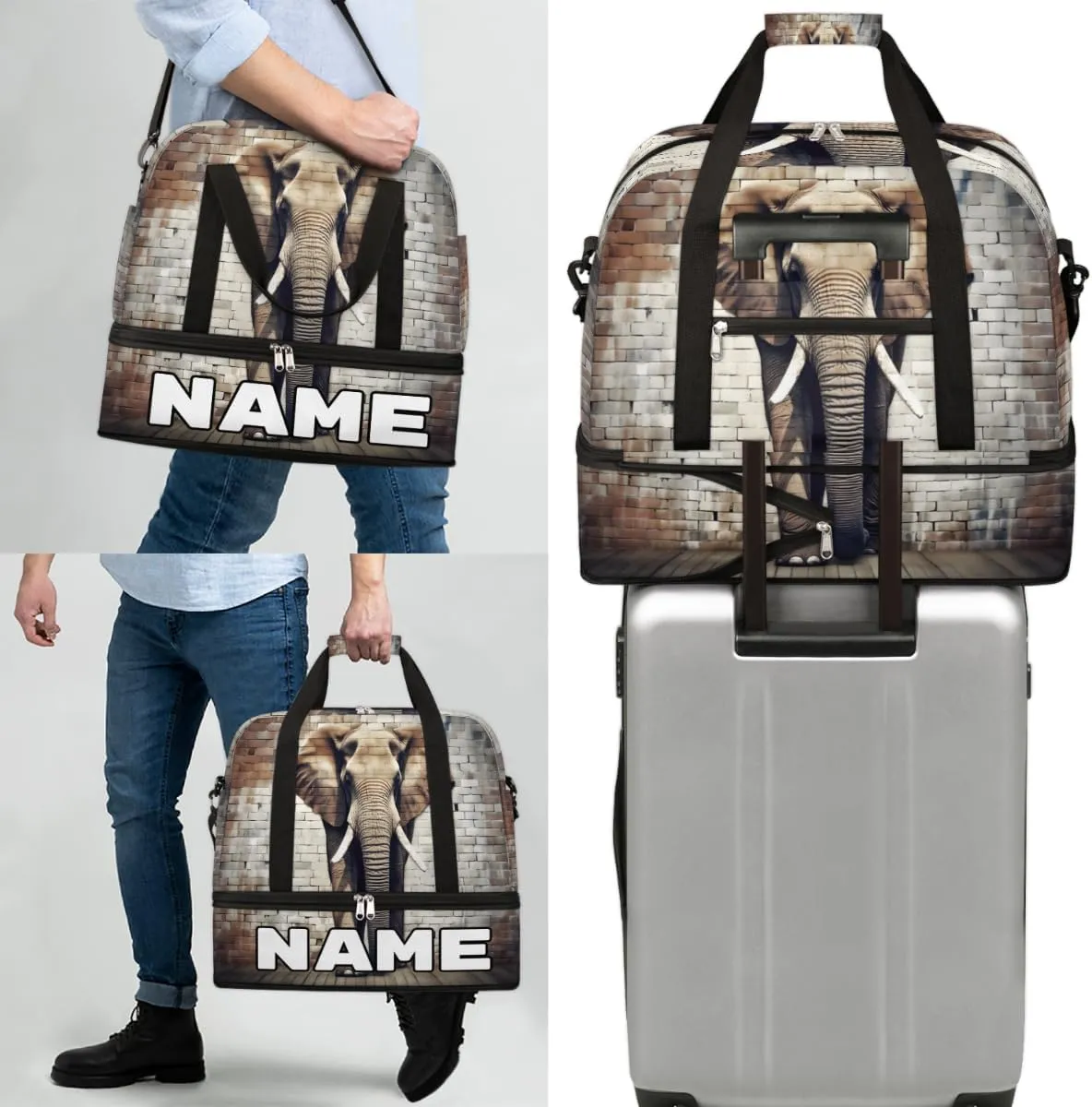 Cool Gray Elephant Custom Foldable Duffle Bag with Shoes Compartment Personalized Large Capacity Waterproof Travel Weekender Bag Overnight Bag for Sports Gym