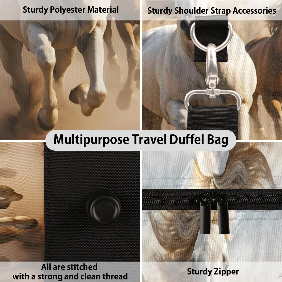 Cool Running Horse Travel Duffel Bag for Women Men Waterproof Foldable Overnight Weekender Bag Large Capacity Sports Gym Bag