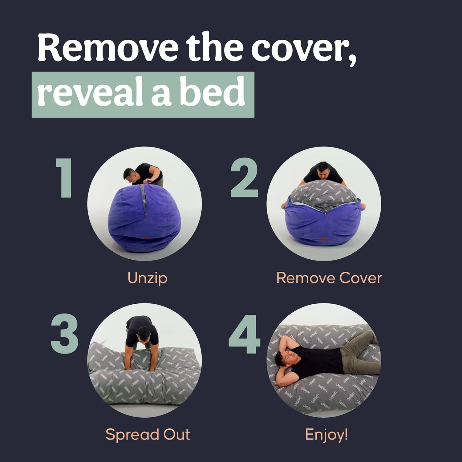 CordaRoy's Chenille Bean Bag-Convertible Bean Bag Chair&Bed-Machine-Washable Chenille Fabric Cover-for Basement,Living Room,Game Room,Dorm & More - Queen Size - Charcoal | Made in The USA