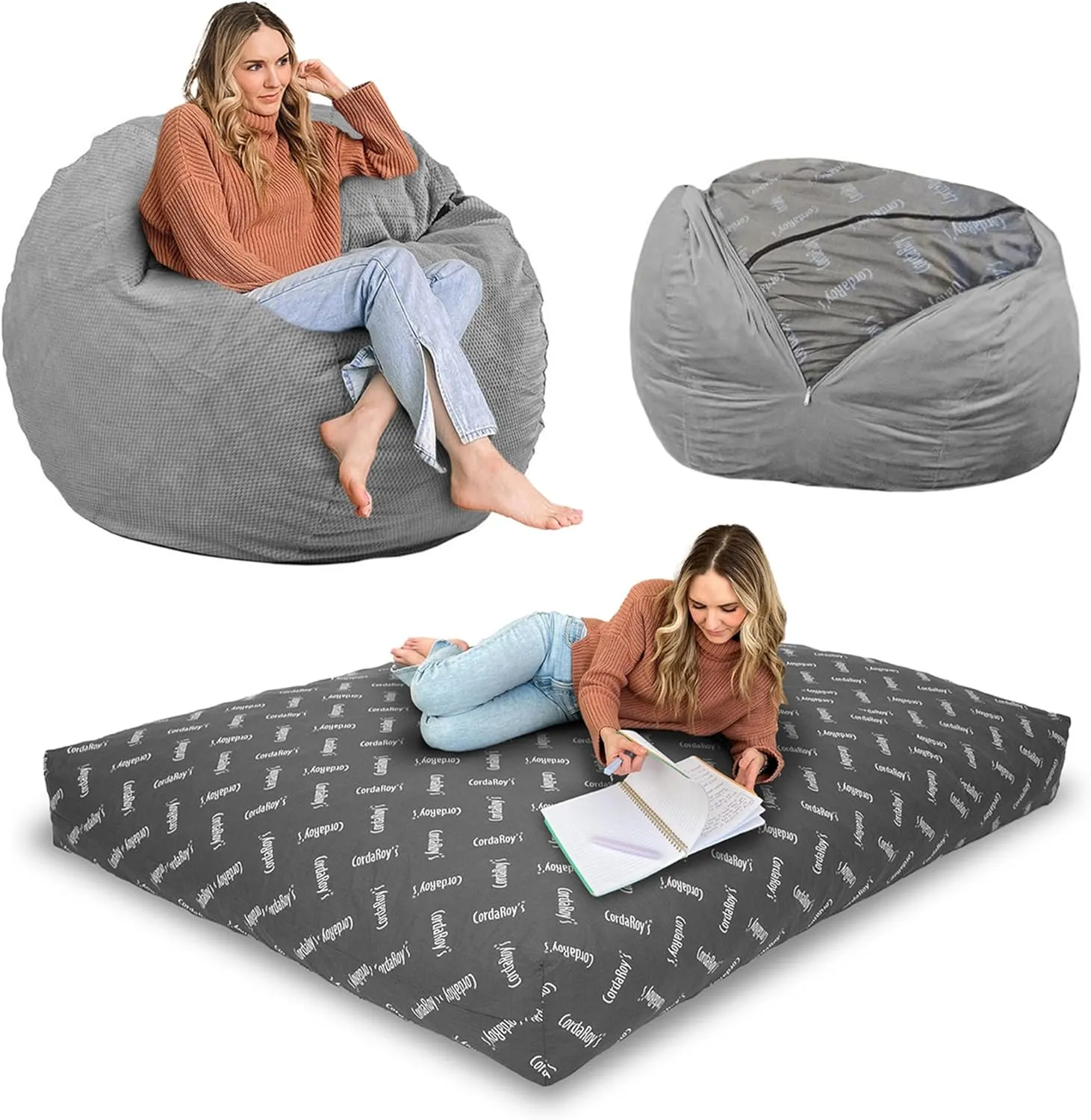 CordaRoy's Chenille Bean Bag-Convertible Bean Bag Chair&Bed-Machine-Washable Chenille Fabric Cover-for Basement,Living Room,Game Room,Dorm & More - Queen Size - Charcoal | Made in The USA
