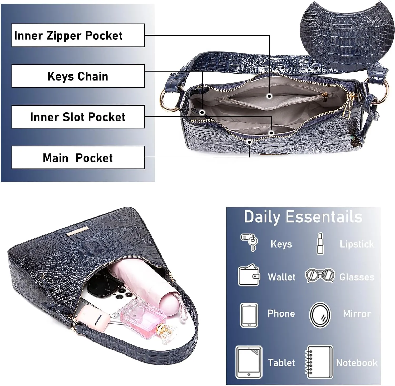 crocodile-embossed Hobo Purse for Women Large Shoulder Purses and Handbags Tote Bags