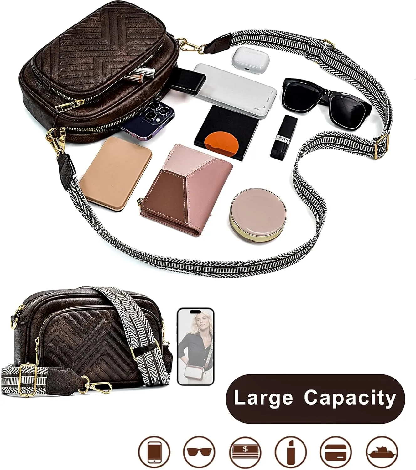 Crossbody Bags for Women Quilted Crossbody Purses Crossbody Bags Trendy Small Shoulder Bag with Wide Strap