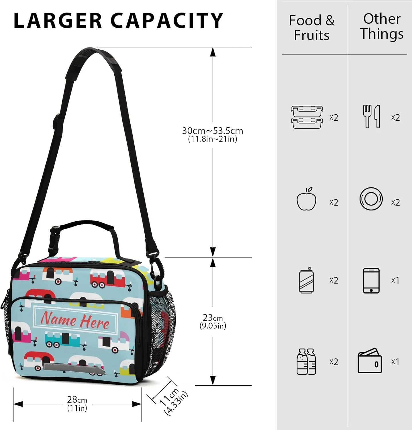 Custom Happy Camper Caravan Lunch Bag, Personalized Your Text Name Lunch Box for Boys Girls Insulated Cooler Bag Lunch Tote Bag with Shoulder Strap for School Office Picnic Travel