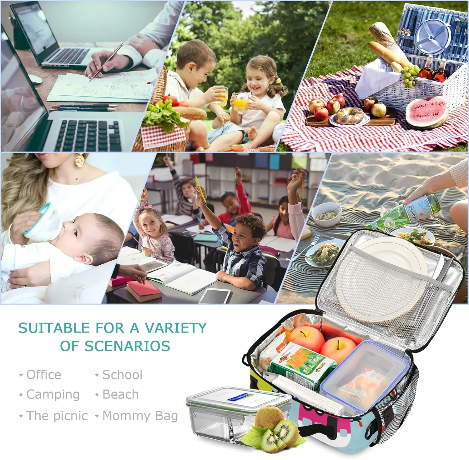 Custom Happy Camper Caravan Lunch Bag, Personalized Your Text Name Lunch Box for Boys Girls Insulated Cooler Bag Lunch Tote Bag with Shoulder Strap for School Office Picnic Travel