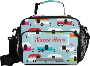 Custom Happy Camper Caravan Lunch Bag, Personalized Your Text Name Lunch Box for Boys Girls Insulated Cooler Bag Lunch Tote Bag with Shoulder Strap for School Office Picnic Travel