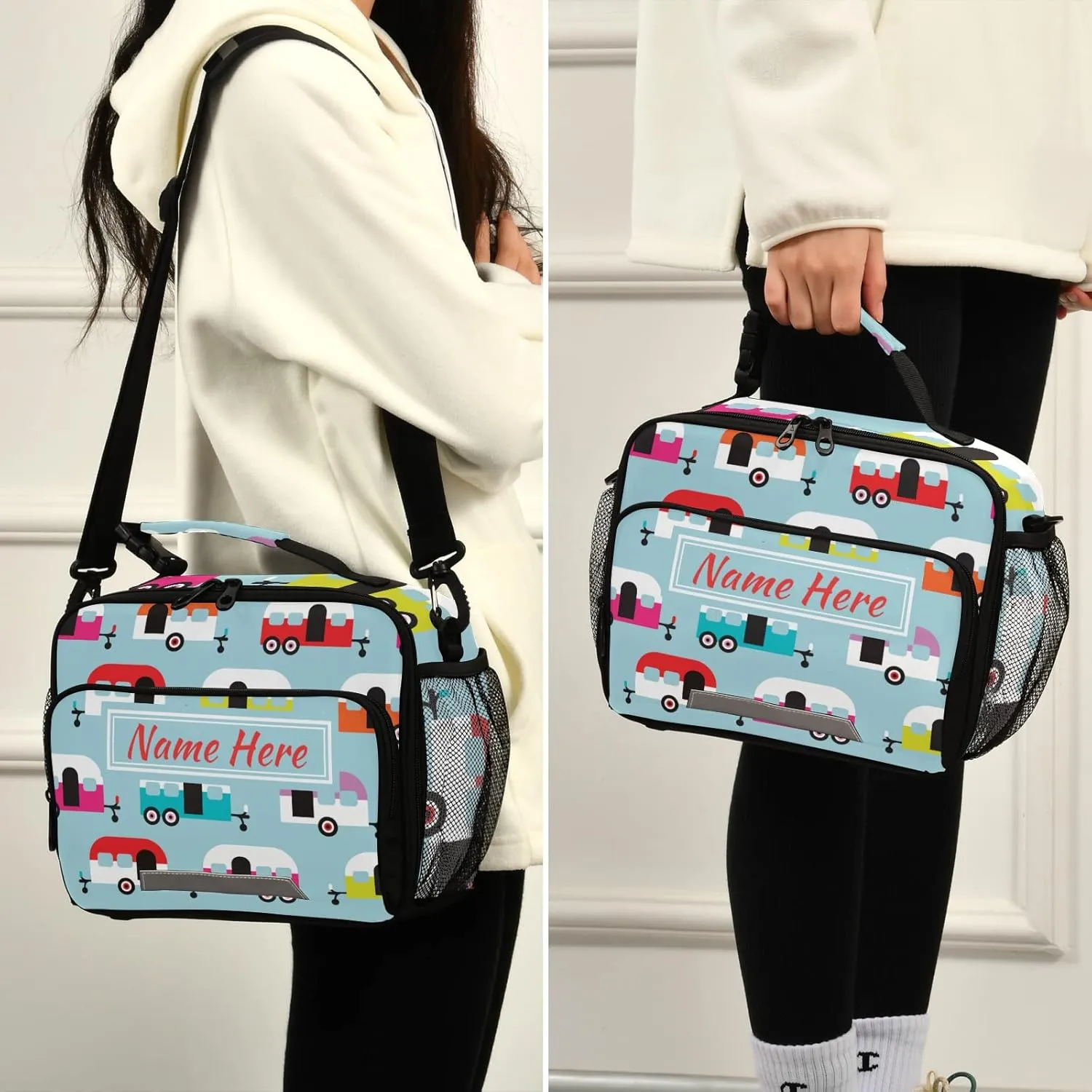 Custom Happy Camper Caravan Lunch Bag, Personalized Your Text Name Lunch Box for Boys Girls Insulated Cooler Bag Lunch Tote Bag with Shoulder Strap for School Office Picnic Travel
