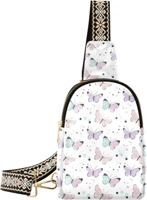Cute Butterfly Compact Fashion Daypack Full-Print PU Leather Crossbody Bag with Card Pocket & Adjustable Strap for Women on the Go Festivals Travel & Hikes
