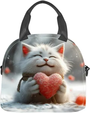 Cute cat a big red heart valentines day generative Insulated Adult Lunch Bag with Shoulder Strap for Women Lightweight Reusable Portable Freezable Lunch Tote Bag for Work Picnic