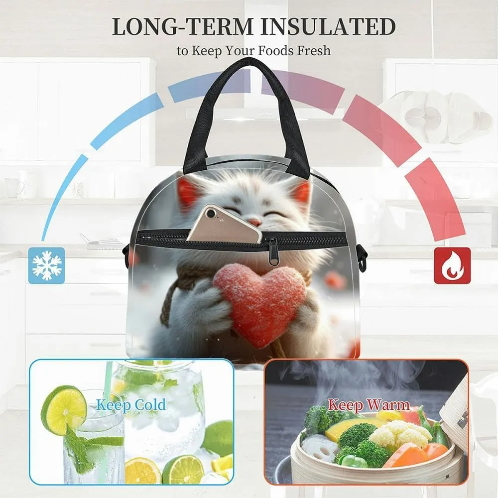 Cute cat a big red heart valentines day generative Insulated Adult Lunch Bag with Shoulder Strap for Women Lightweight Reusable Portable Freezable Lunch Tote Bag for Work Picnic