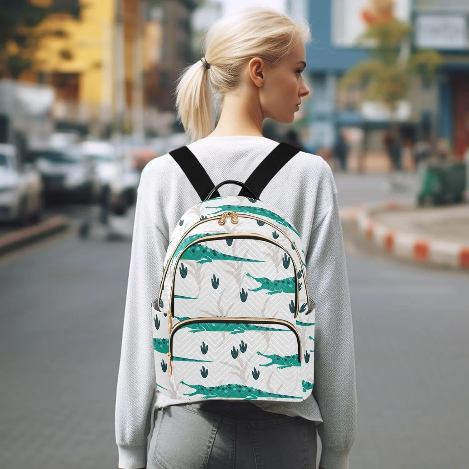 Cute Crocodiles Mini Backpack Women's Quilted Small Backpack Purse for Women College Fashion Travel Daypack Shoulder Bag
