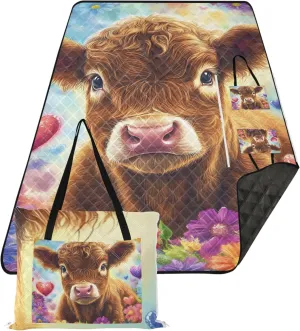 Cute Highland Calf Cow Floral Beach Mat Sand Free Waterproof Outdoor Blanket Camping Mat Extra Large Foldable Picnic Blanket Cute 118" x 80"
