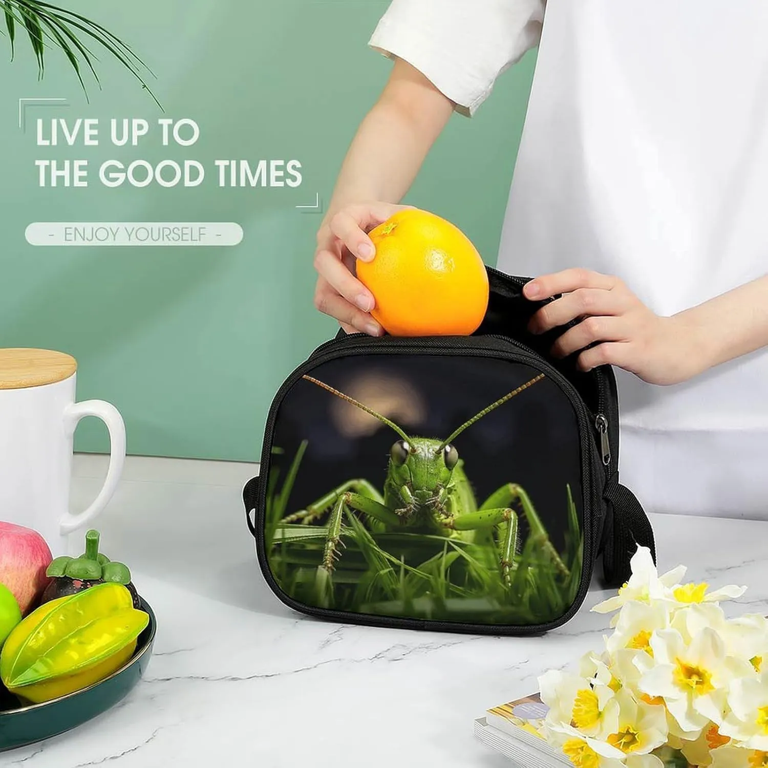 Cute Lunch Box for Men Women,Grasshopper on Grass Reusable Insulated Lunch Bag Cooler for Work Picnic Or Travel