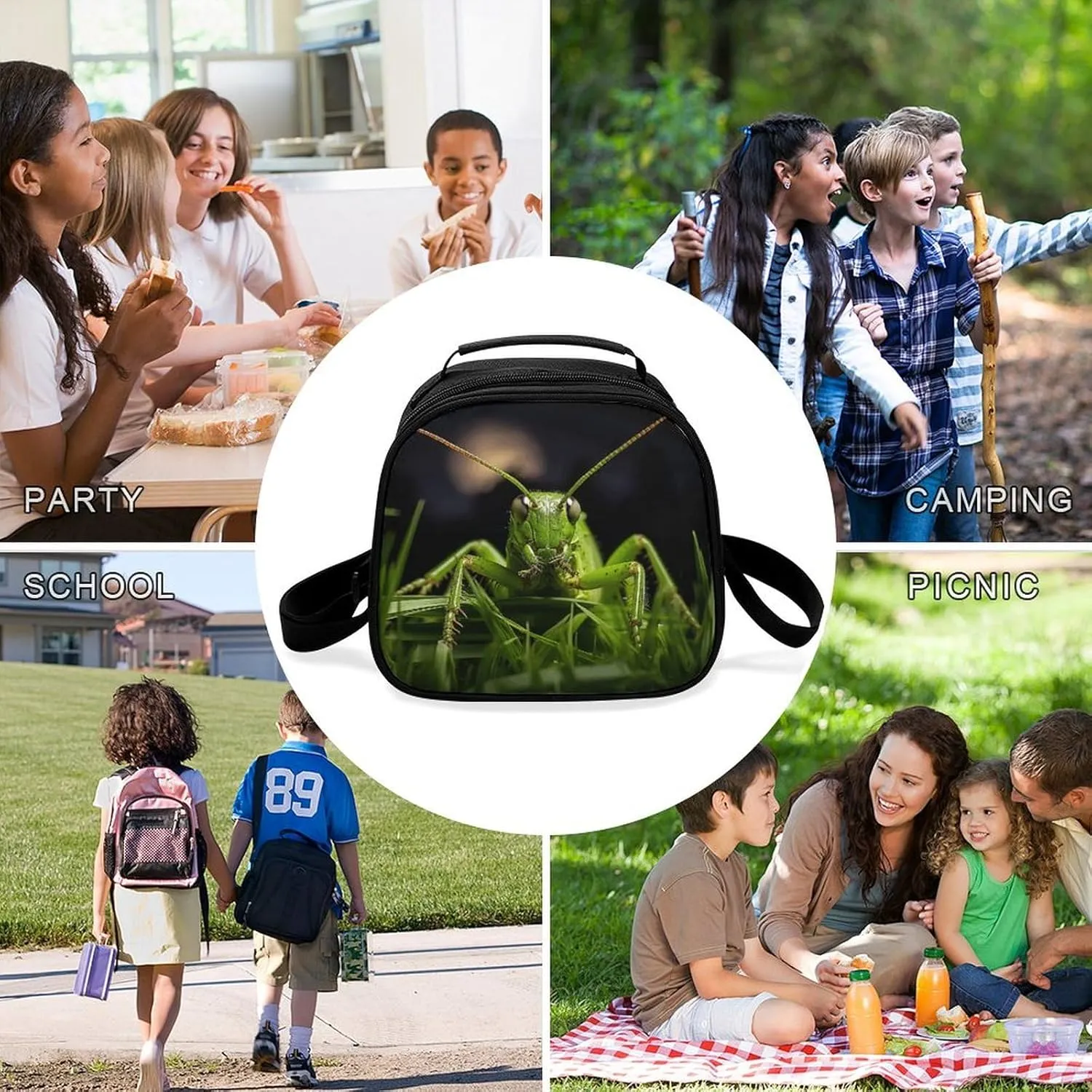 Cute Lunch Box for Men Women,Grasshopper on Grass Reusable Insulated Lunch Bag Cooler for Work Picnic Or Travel